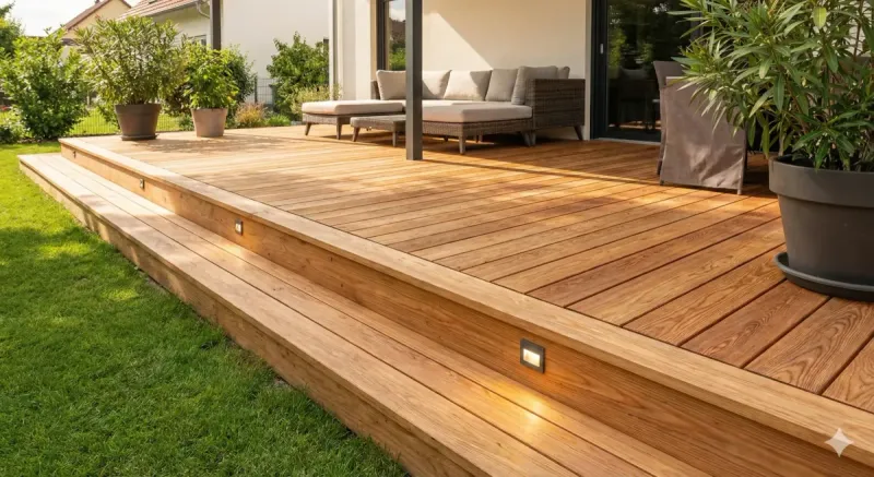 Moderne Holzterrasse mit Stufen zum Garten